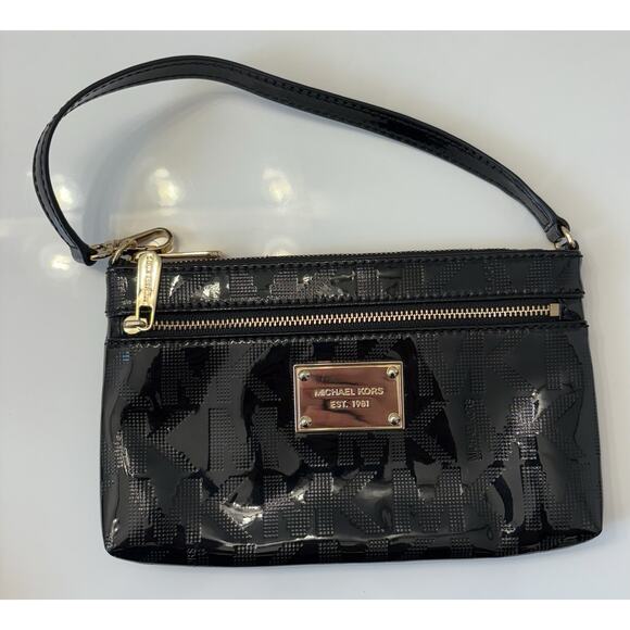 Michael Kors Jet Set Signature Wristlet Black Patent Leather Logo Gold - Picture 1 of 6